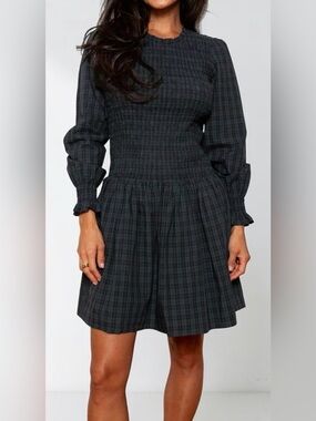 Ivy City Co. Finley Twilight Pine Plaid Smocked Longsleeve Dress Navy Green